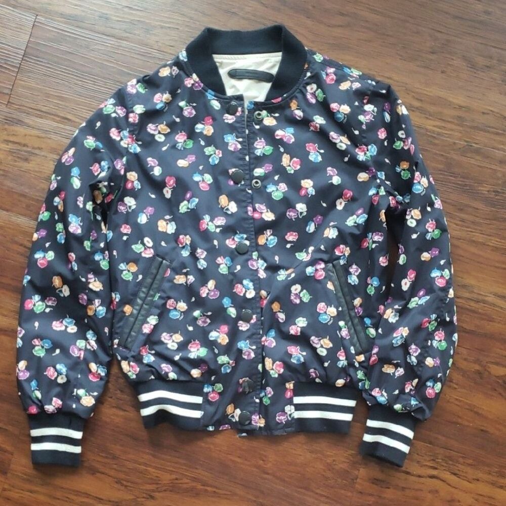 Coach Womens Navy Floral Bomber Jacket Reversible Size Small Trendy Streetwear